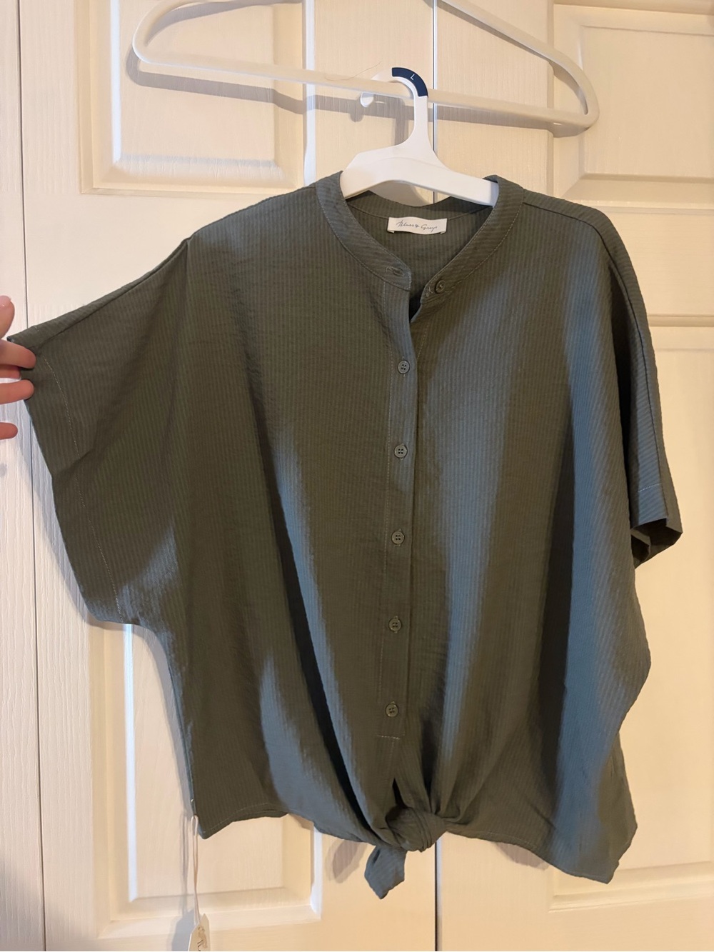 Relaxed Olive Green Button-Front Tie Hem Top